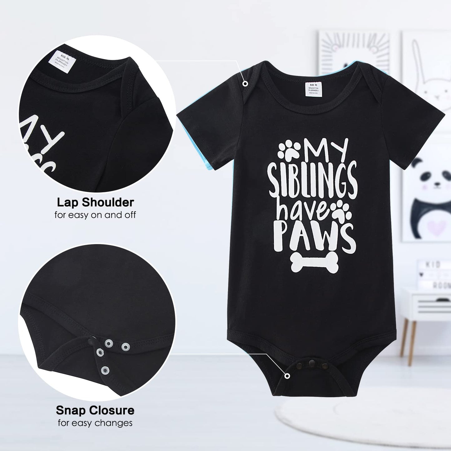 Funnycokid My Siblings Have Paws Onsies Newborn Baby Underwear Romper Short Sleeve Bodysuit Cute Baby Layette Clothes Black 3-6