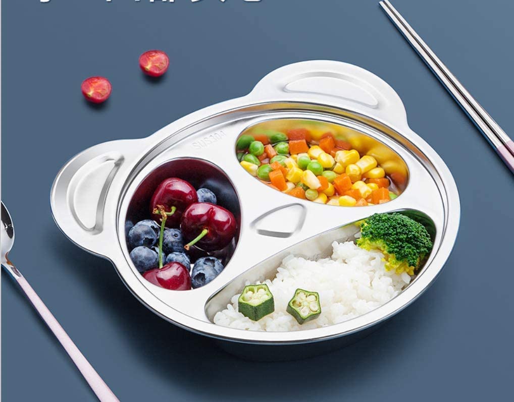 Happy Hues Stainless Steel Divided Meal Plate Tray3 Compartments Dinner Dish For Baby Toddler Kids Eating Food Bear Shaped