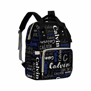 Artsadd Personalized Diaper Bag With Name, Customized Black And Blue Monogram Nappy Backpack With Thermal Pockets Multi-Function