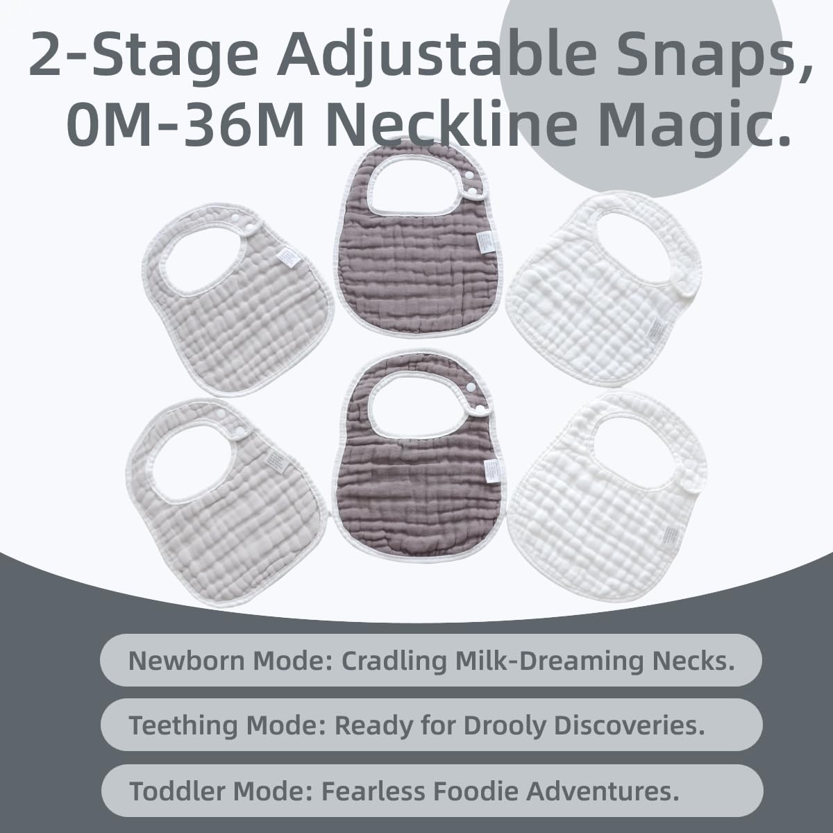 Mukin Baby Muslin Bibs And Burp Cloths, 6 Pack, Soft Absorbent Cotton, Adjustable (Gradient Grey)