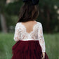 2Bunnies Girl Peony Lace Back A-Line Tiered Tutu Tulle Flower Girl Dress (Burgundy Sleeve Short, 7-8Yrs)