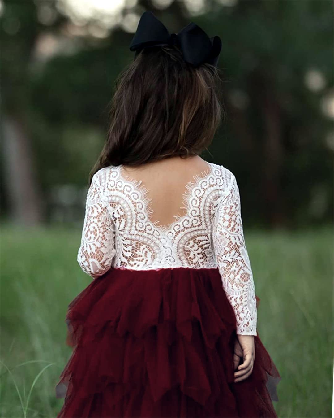 2Bunnies Girl Peony Lace Back A-Line Tiered Tutu Tulle Flower Girl Dress (Burgundy Sleeve Short, 7-8Yrs)