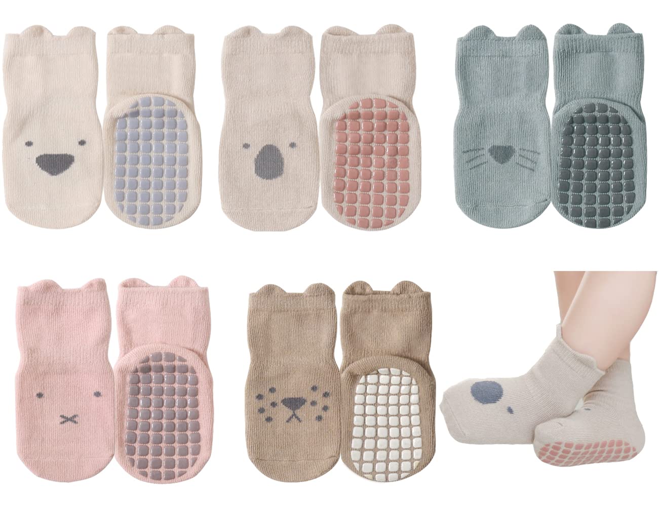Exegawe Toddler Non Slip Socks, Cute Baby Socks With Grips Crew Socks 5 Pairs(L/3-5Y)