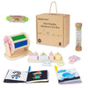 Wooden Baby Toys, 6-in-1 Newborn Learning Educational Sets Includes Mirror Spinning Drum, Rain Stick, Soft Cloth Books, Shape So