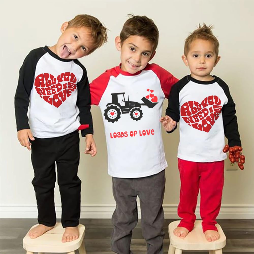 Valentine Shirts Toddler Boys Girls Raglan Long Sleeve Tees Kids Loads Of Love Heart Tractor Graphic Tops 5T