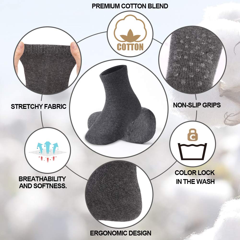 Jakidar 12 Pairs Baby Socks Cotton Crew Toddler Socks Grips Non Slip Bottom Kids Socks, Black Gray White 6-12M