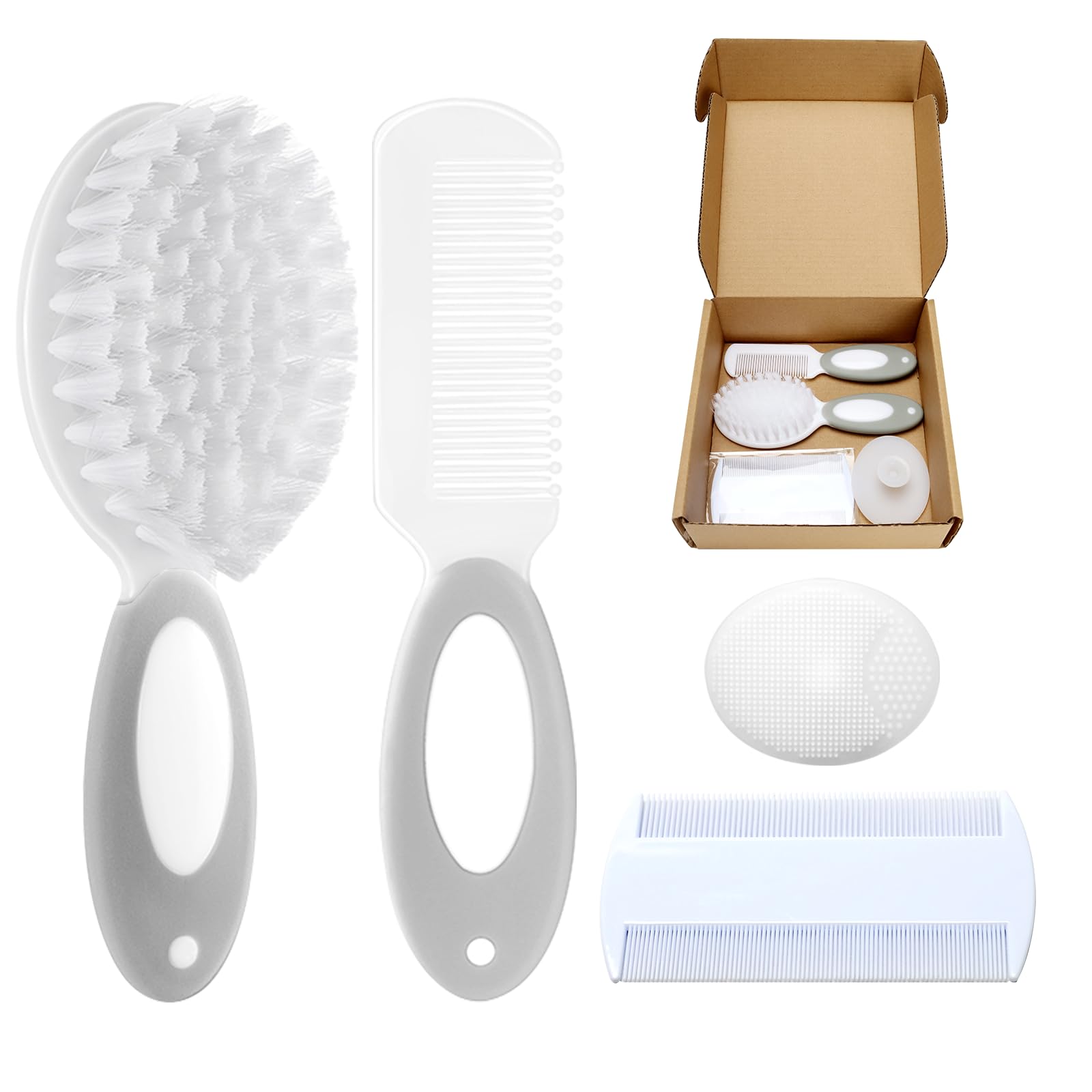 Baby Hair Brush and Comb Set, 4Pcs Baby Soft Bristles Brush Cradle Cap Brush Hair Comb for Newborns Toddlers Boys Girls (Grey)