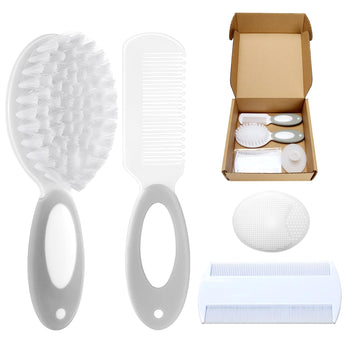 Baby Hair Brush and Comb Set, 4Pcs Baby Soft Bristles Brush Cradle Cap Brush Hair Comb for Newborns Toddlers Boys Girls (Grey)
