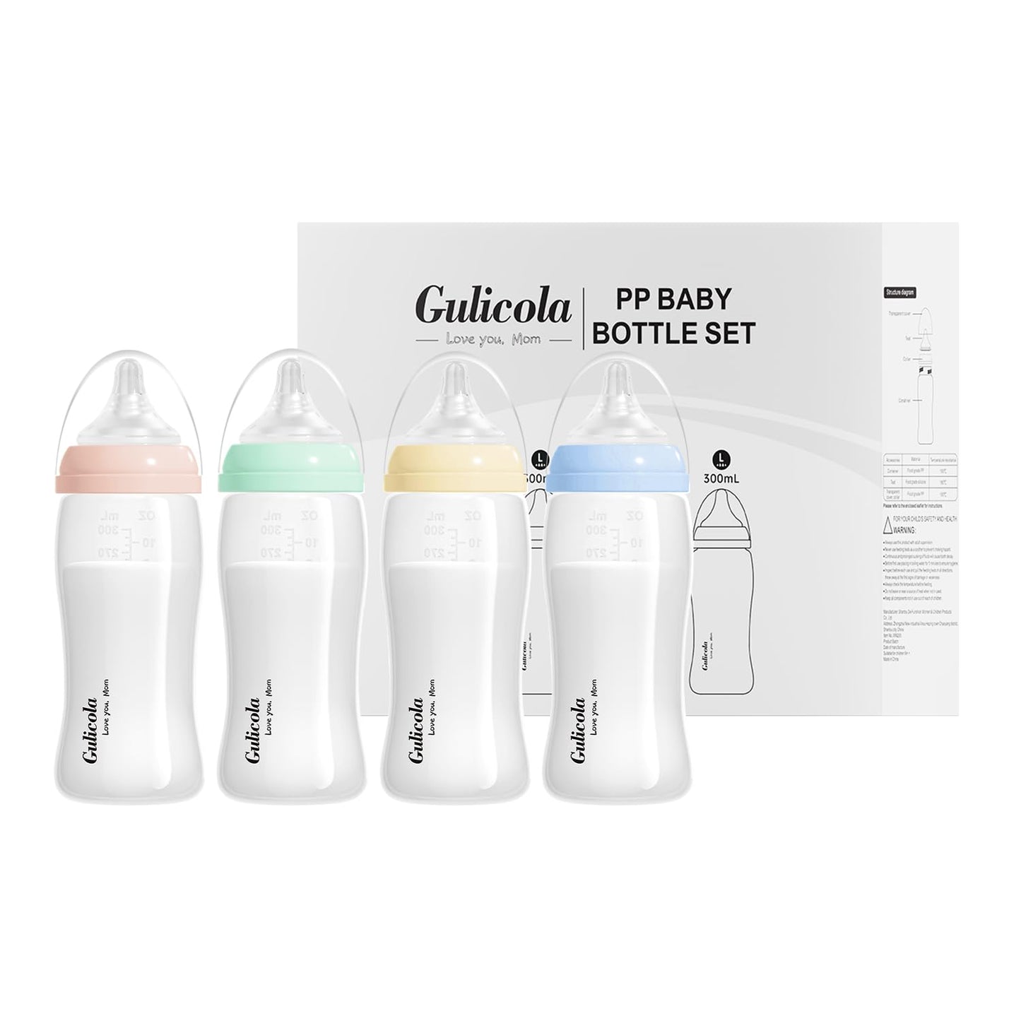 Gulicola PP Baby Bottles for Breastfed Babies, Fast Flow Nipples (L), 6 Months Plus, Wide Neck, BPA Free, 10 oz & 4 Pack - Mix C