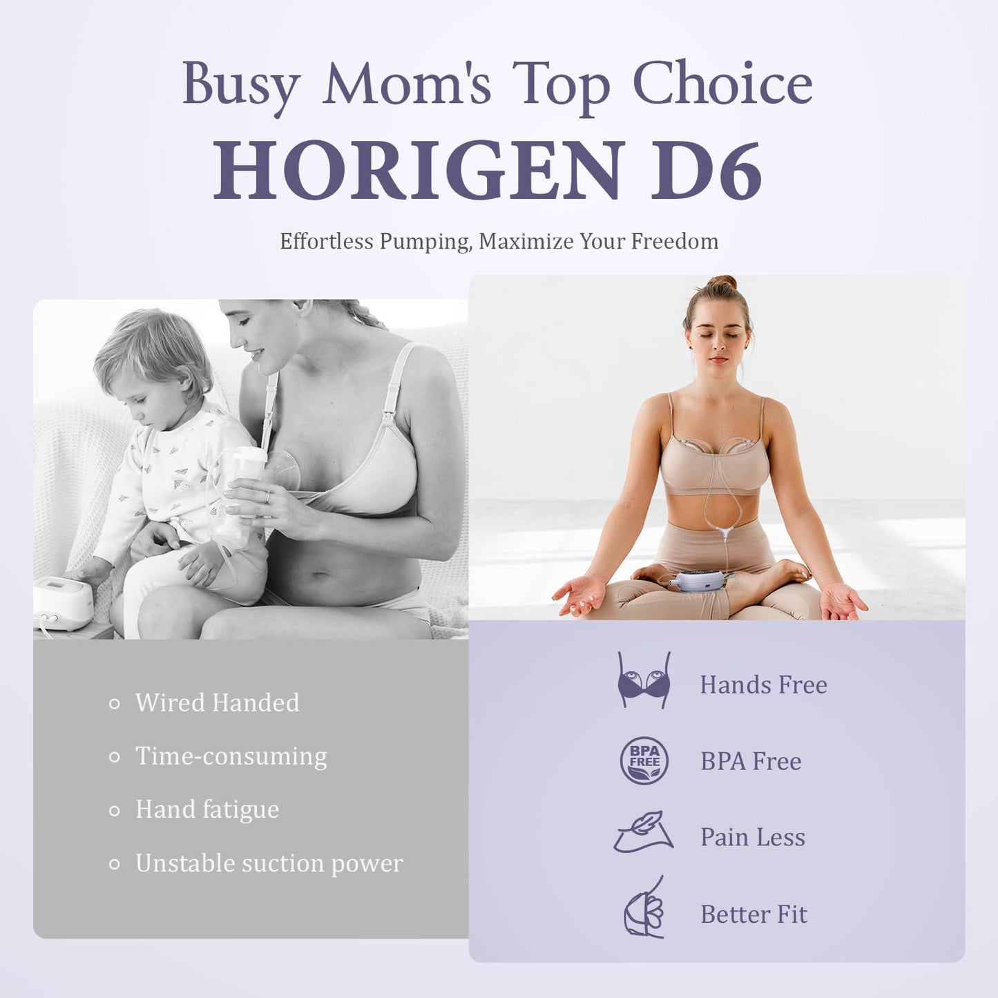 Breast Pump D6, Ultra-Lightweight Hands Free Wearable Breast Pump With Upgraded Leak-Proof Double-Seal Flange, Electric Breastfe