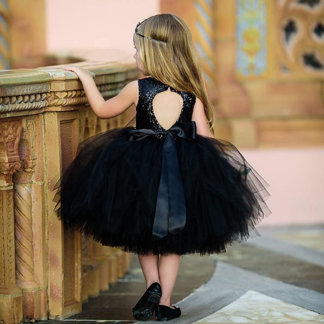 Toddler Girl Baby Lace Flower Sequin Tutu Dress Tulle Pageant Wedding Party Formal Girls Dresses Black 12-18M