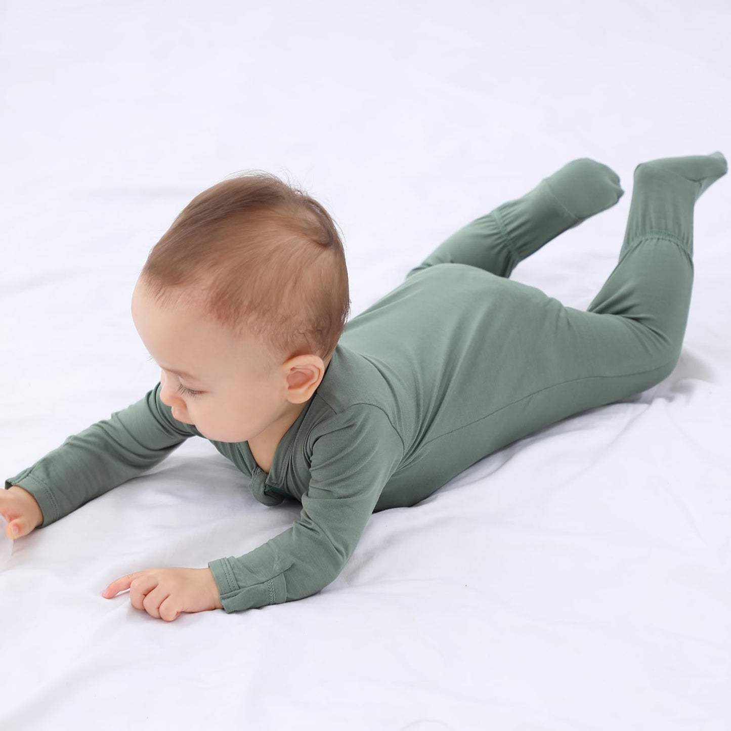 Guisby Baby Footed Pajamas With Mitten Cuffs,2 Ways Zipper Long Sleeve Romper Green Newborn