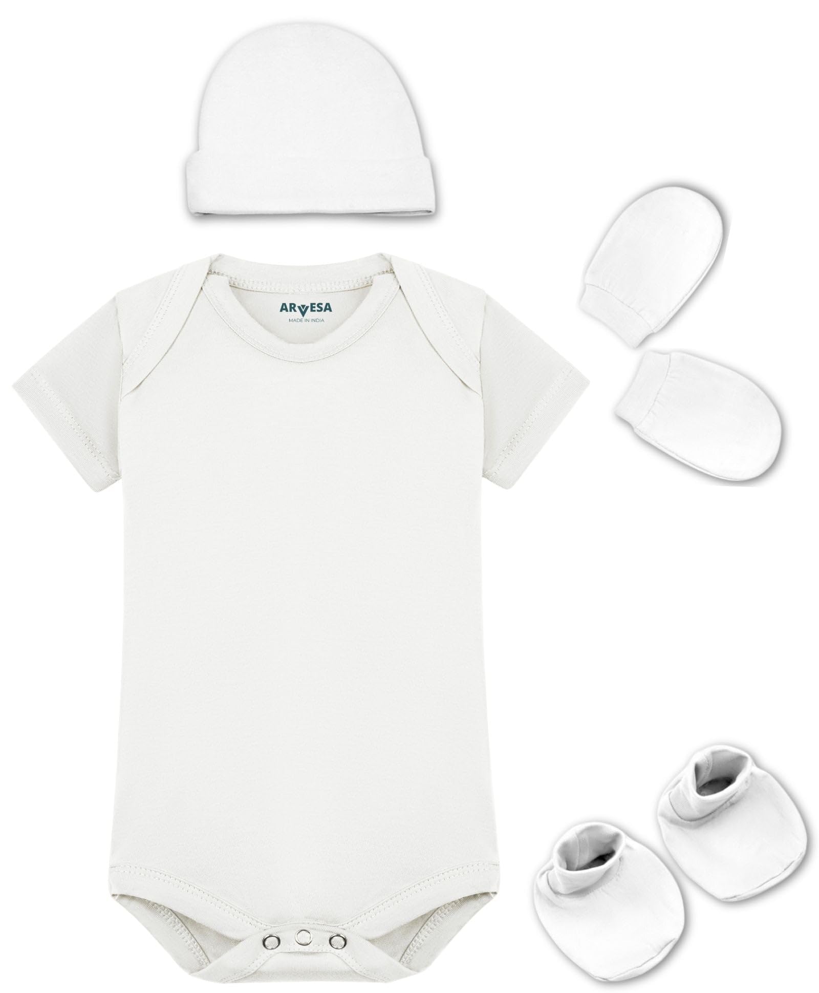 Arvesa 100% Cotton Biowash White Romper For Newborn Baby Romper Set With Cap Booties & Mittens 06 Months