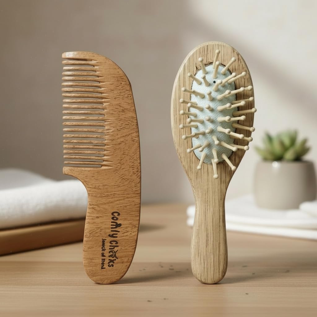 Comfy Cheeks Baby Wooden Hairbrush & Natural Wooden Comb Set | UltraSoft Goat Bristle Brush For Newborns, Infants & Toddlers  