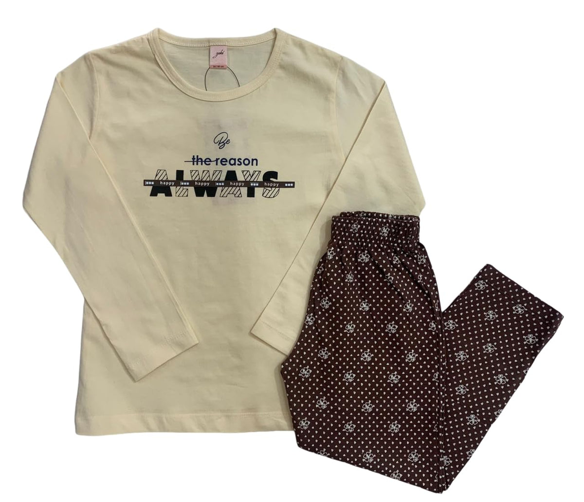 Keenuu Cotton Long Top and Pyjama Set for Girls Soft Comfortable Lightweigt Standard Pyjama Set for Girl&Boys Cream 78 Years