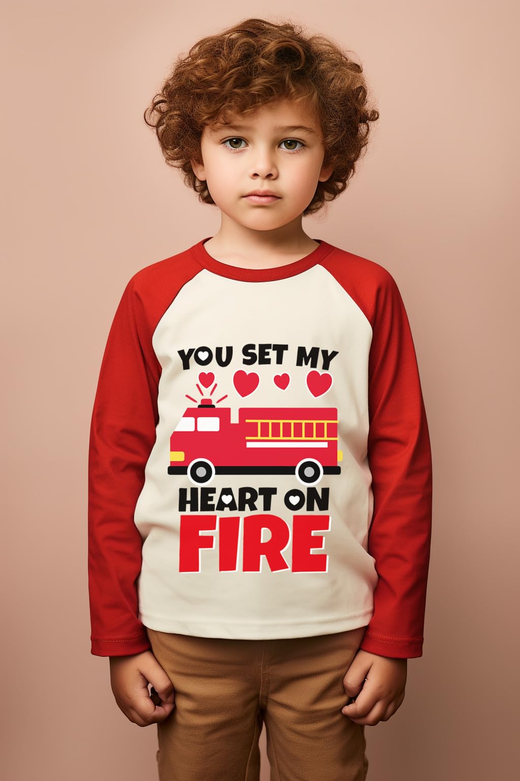 Cm-Kid Kids Valentines Shirt Girls Boys Firetruck Print Long Sleeve T-Shirt Toddler Valentines Patchwork Outfit Tees Clothes 5-6