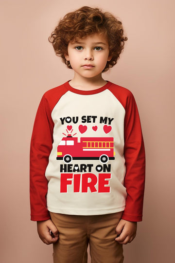 Cm-Kid Kids Valentines Shirt Girls Boys Firetruck Print Long Sleeve T-Shirt Toddler Valentines Patchwork Outfit Tees Clothes 5-6