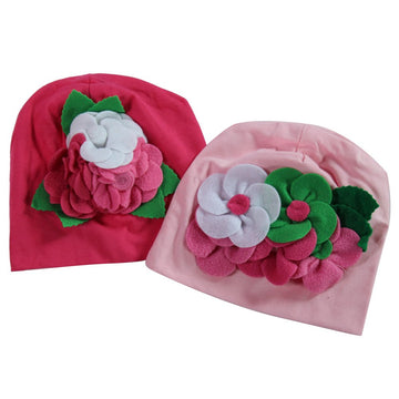 Making Believe Infant Baby Girls Pink Soft Knit Hat Cap With Felt Flowers - 2 Pack