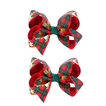 2Pcs Christmas Hair Bows For Girls 3 Inches Plaid Elk Grosgrain Ribbon Hair Accessories Small Xmas Boutique Hair Clips Elk Chris