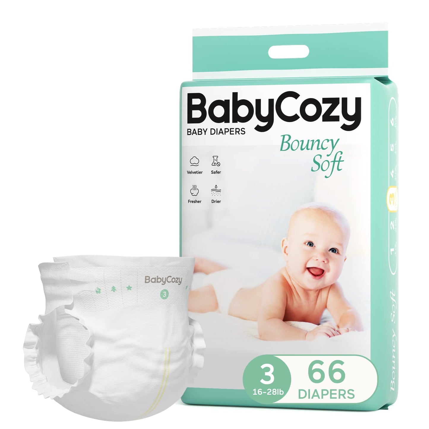 Baby Diapers Size 3(16-28lb),66 Count Babycozy Dry Disposable Diapers,Bouncy Soft Diapers Hypoallergenic Without Chlorine, Eco F