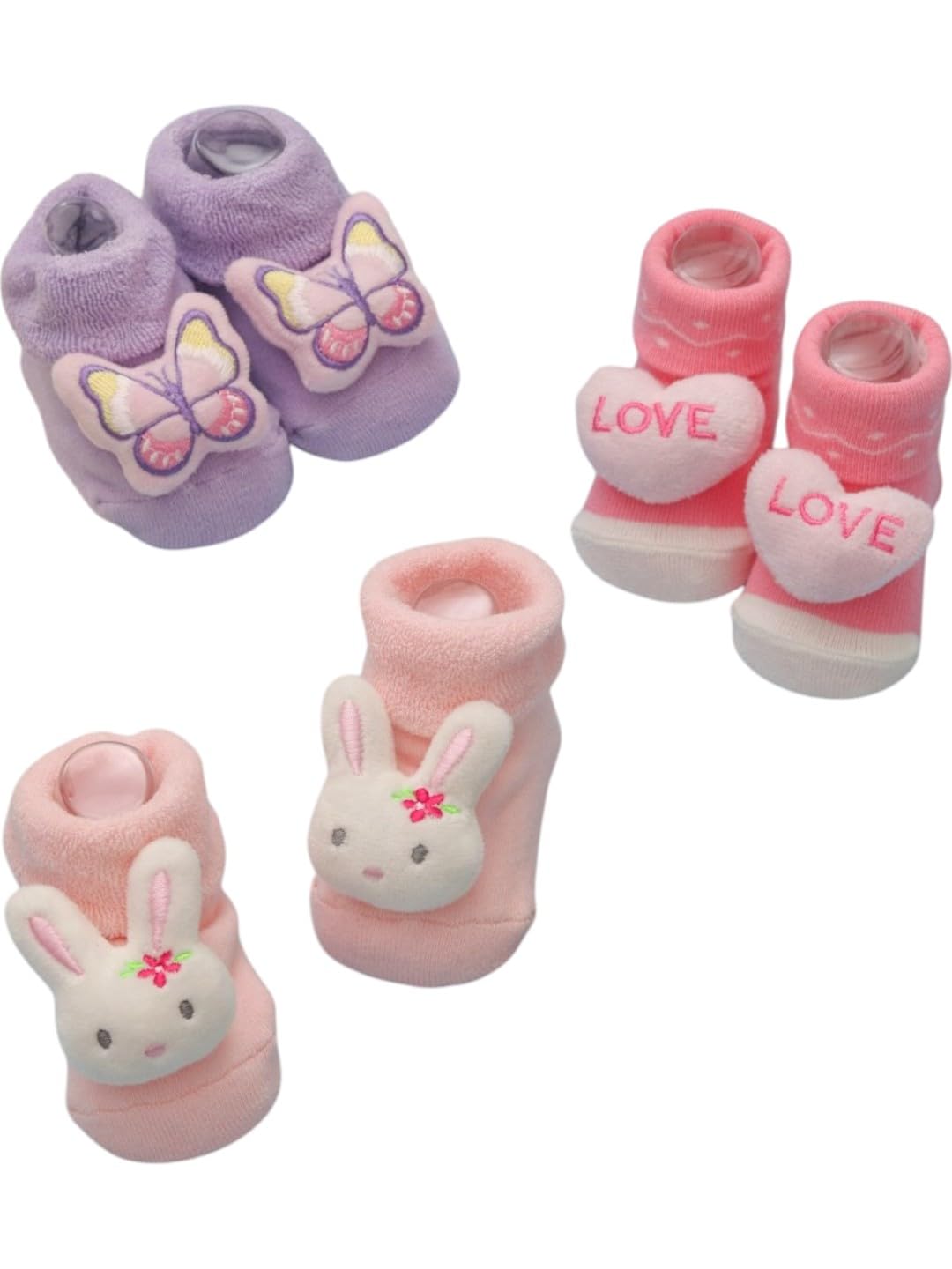 Yellow Bee Sweet Love, Bunny, And Butterfly Rattle Socks Combo For Girls, Pack Of 3 Pink And Purple, 012 Months