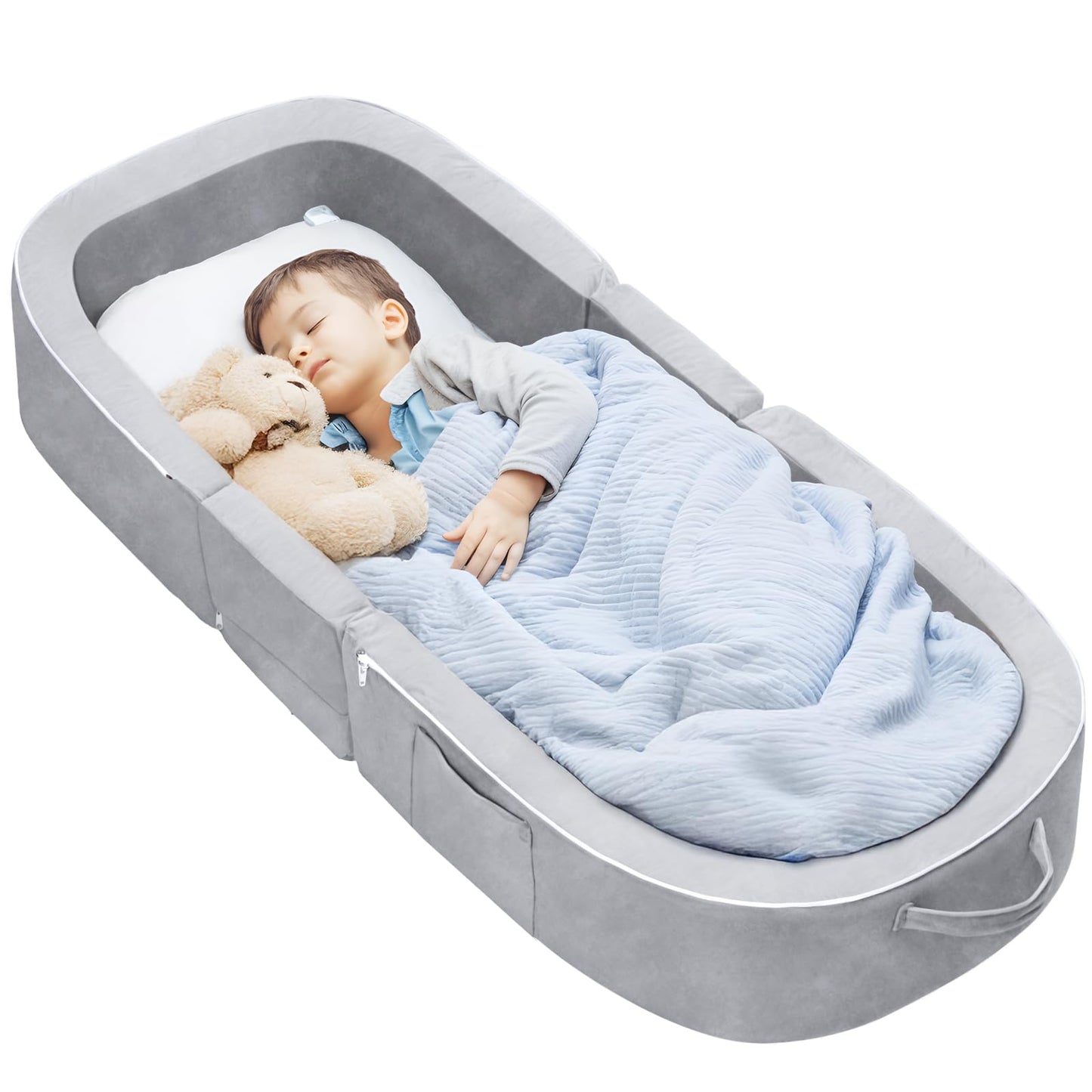 Reawul Foldable Toddler Travel Bed, Portable Folding Floor Bed With Washable Cover,Soft And Safe Foam Crib(Silver Gray)