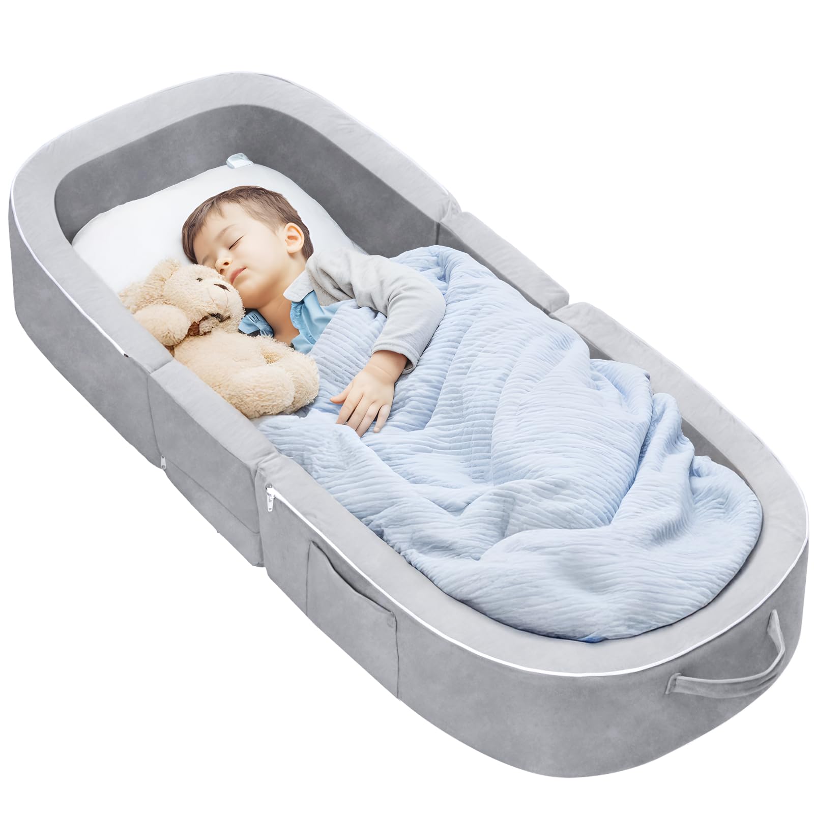 Reawul Foldable Toddler Travel Bed, Portable Folding Floor Bed With Washable Cover,Soft And Safe Foam Crib(Silver Gray)