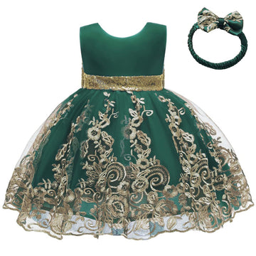 Baby Girls Embroidery Lace Dresses Toddler Ruffles Infant Easter Tutu Birthday Dress With Headwear (Dark Green,70)