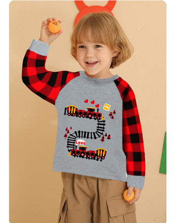 Valentine'S Day Train Shirt For Toddler Boy Girl Love Train Clothes Buffalo Red Plaid Heart Raglan Sleeve Kids Tee Tops 7T