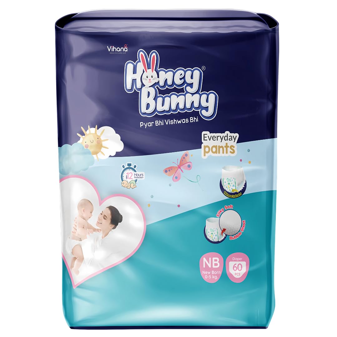 Honey Bunny Everyday Baby Diapers Pants | Extra Extra Small (Xxs), 60 Count, New Born | Silky Soft On Skin | 12 Hours Protection