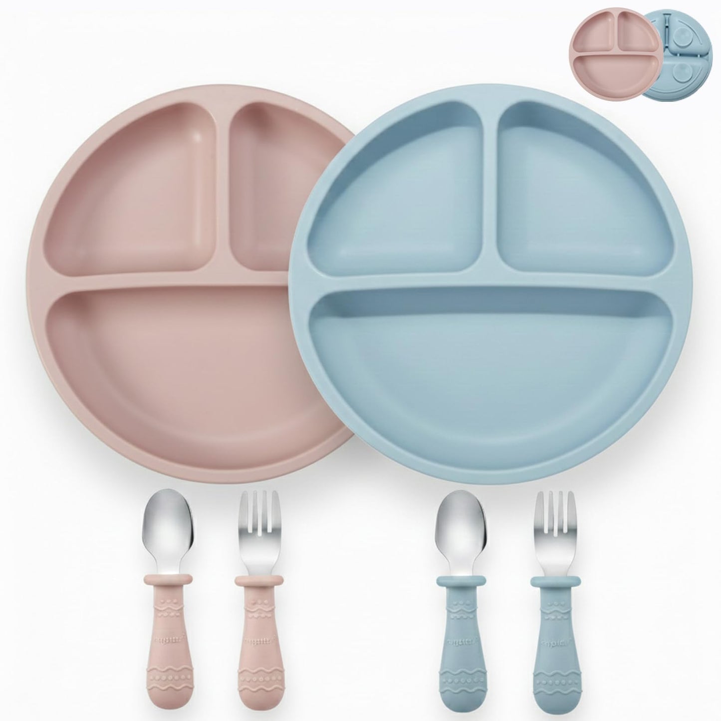 PandaEar Baby Feeding Set | 2 Pack Silicone Divided Suction Plate, 2 Set Toddler Spoons & Forks | Baby Led Weaning Supplies Self