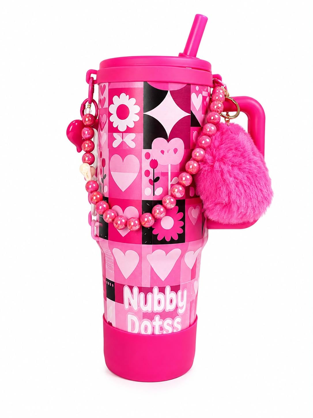 Nubby Dotss Pink Tumbler with Handle, Hearts & Floral Print