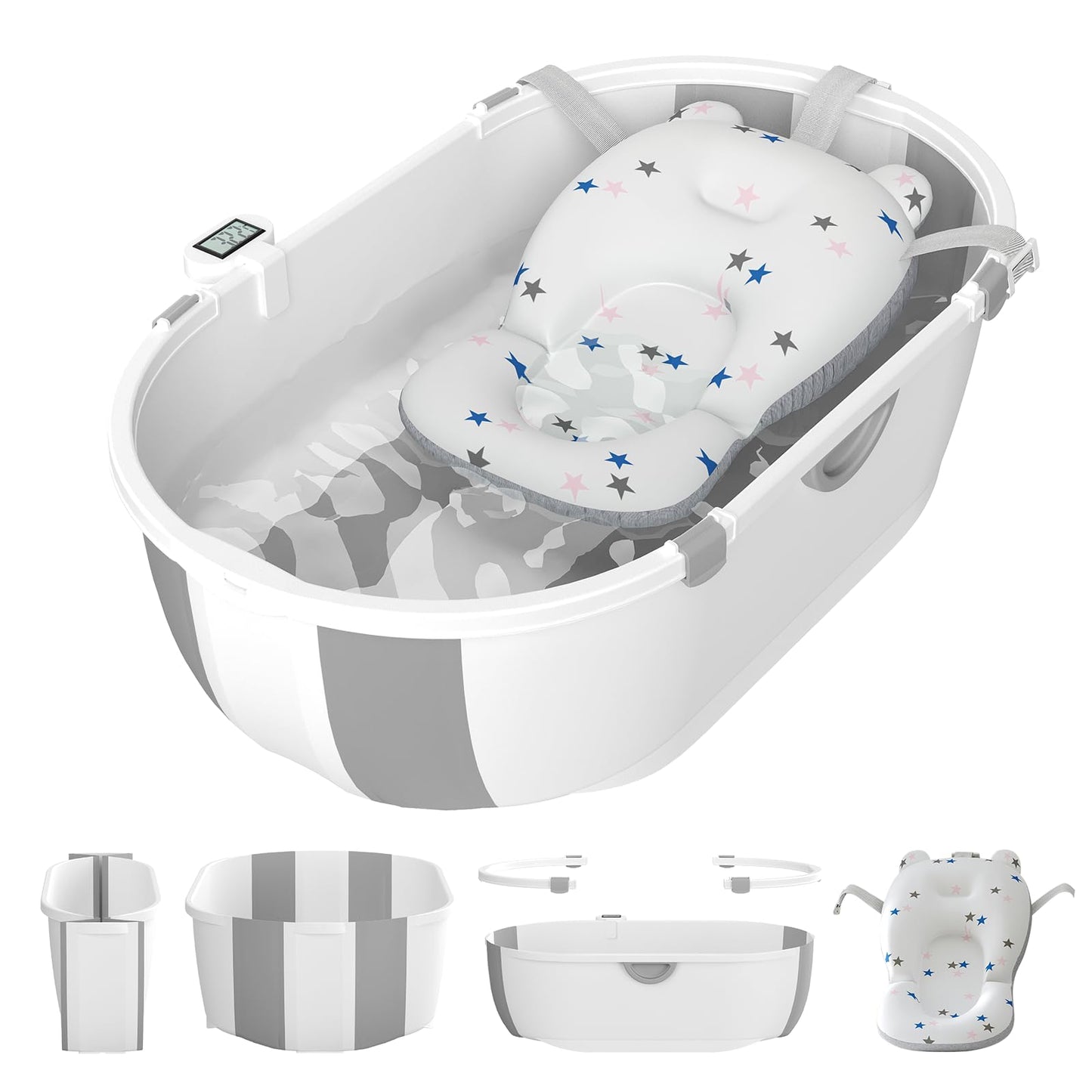 Collapsible Baby Bathtub For Infants To Toddlers With Soft Bath Cushion Foldable Baby Bath Tub With Thermometer And Drain Outlet