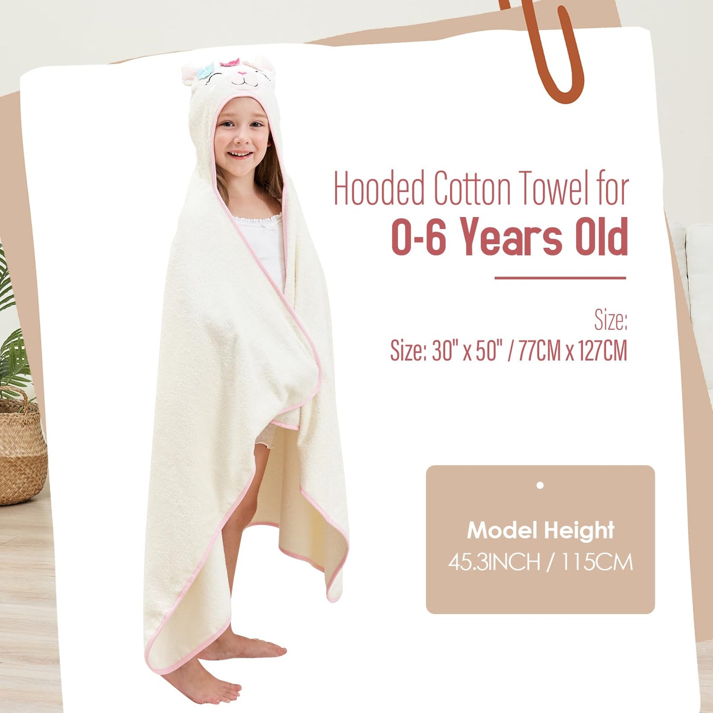 Style Quarters Baby Bath Towel - 100% Cotton Terry Soft Hooded Towel Cartoon Alpaca Baby Beach Towels Super Absorbent Large Embr