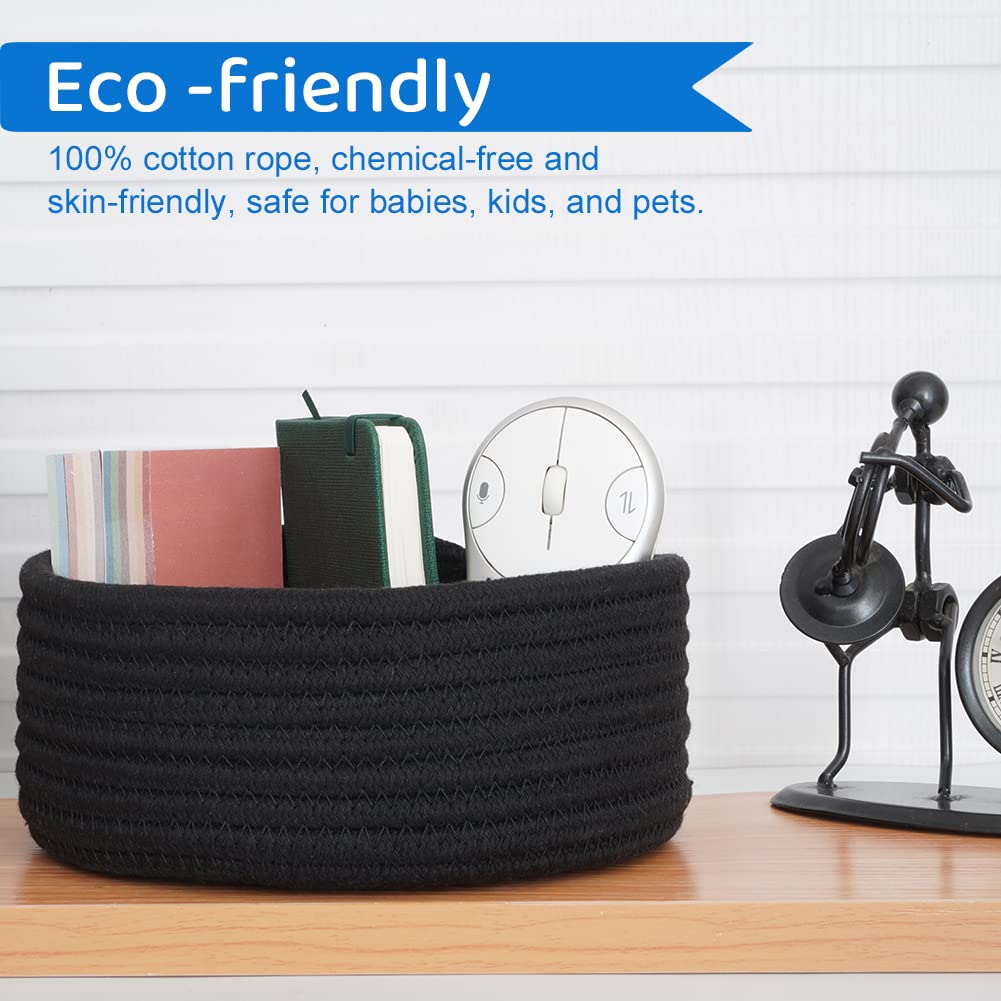 Hispqser 2Pack Black Woven Baskets, Natural Small Cotton Rope Storage Cute Round Decorative For Toys Decorative Hamper For Nurse