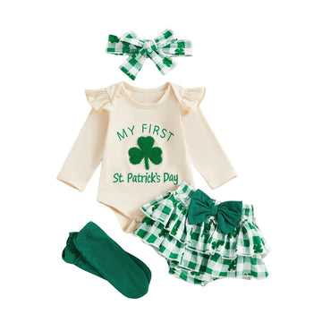 Amnnchya My First St Patricks Day Baby Girl Outfit Clover Romper Plaid Shorts Skirt Newborn Girls Shamrock Clothes 4PCS Set (Kha