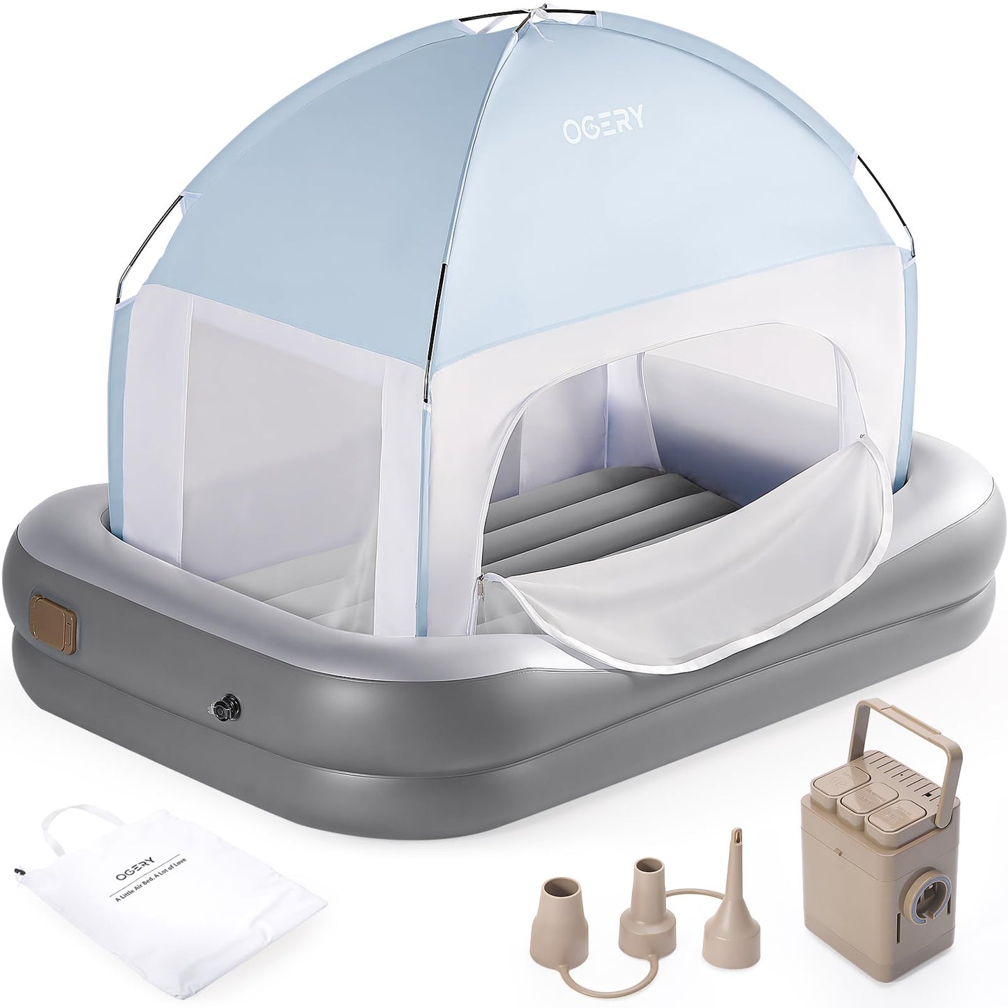 OGERY Inflatable Toddler Travel Bed with Cordless Rechargeable and Detachable Air Pump and Tent, Portable Kids Air Mattress with