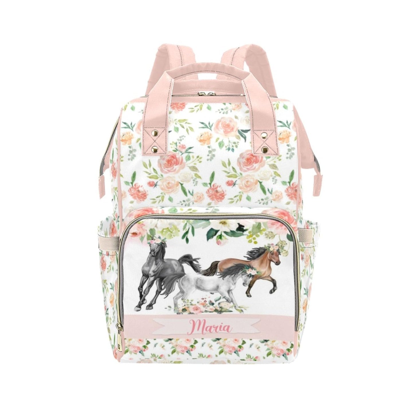 Noverbibi Personalized Cute Diaper Bag Backpack with Name Customized Floral Horse Mommy Bags for Moms with Muti Pockets Custom P