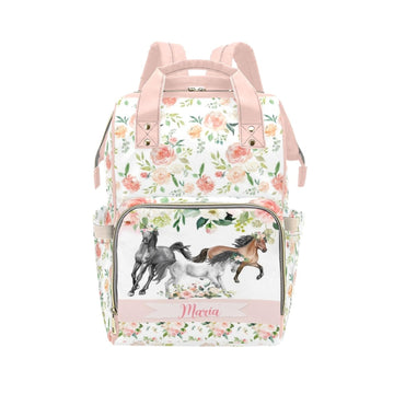 Noverbibi Personalized Cute Diaper Bag Backpack with Name Customized Floral Horse Mommy Bags for Moms with Muti Pockets Custom P