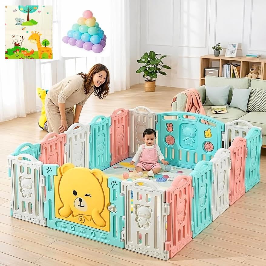 Careopeta Large Baby Playpen 18 Panels/36 Sq Ft Play Area Indoor Setup With Mat ,Balls | Play Yard For Babies 03 Years With Pad