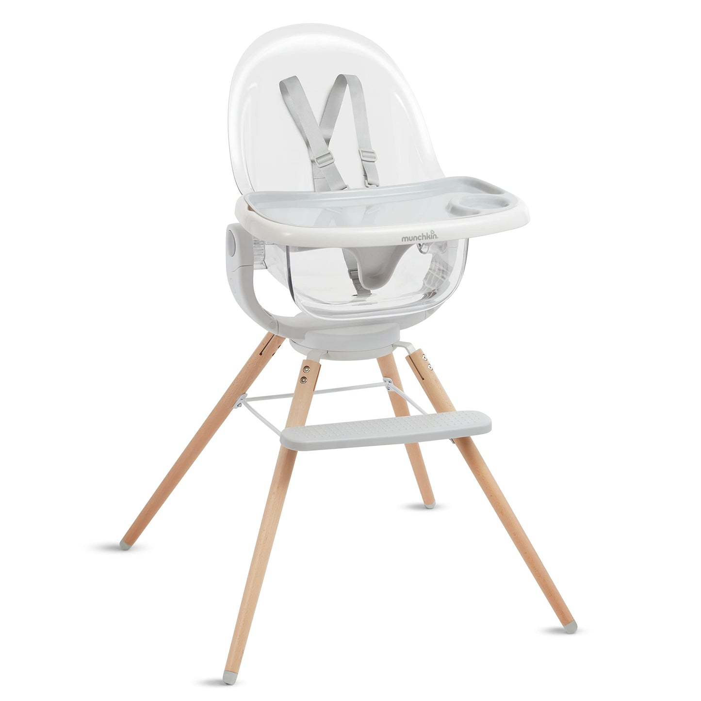 Munchkin 360 Cloud Baby and Toddler High Chair with Clear Seat and 360 Swivel, White and Grey with Wooden Legs