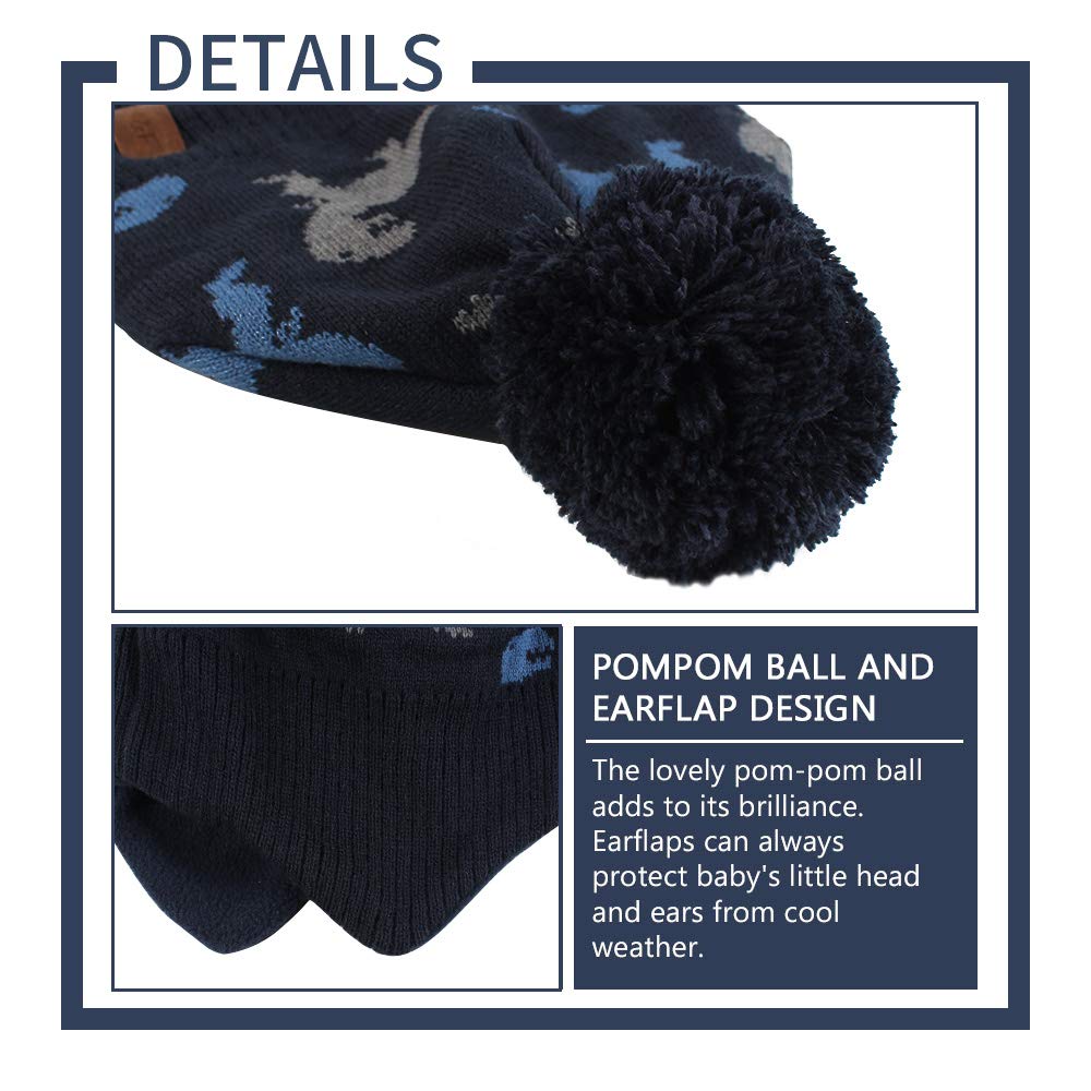 Jangannsa Knitted Baby Hat Winter Warm Boys Girls Beanie Fleece Lining Toddler Kids Hat With Pompom (Dinosaur Navy Hat, S)