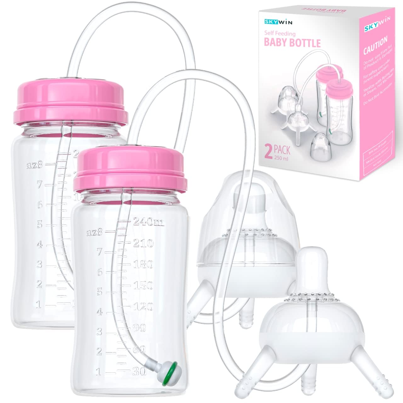 Skywin Self Feeding Baby Bottle 8oz Bottle Holder for Baby - 2 Pack Baby Bottle with Straw, Anti Colic, for Convenient Feeding (