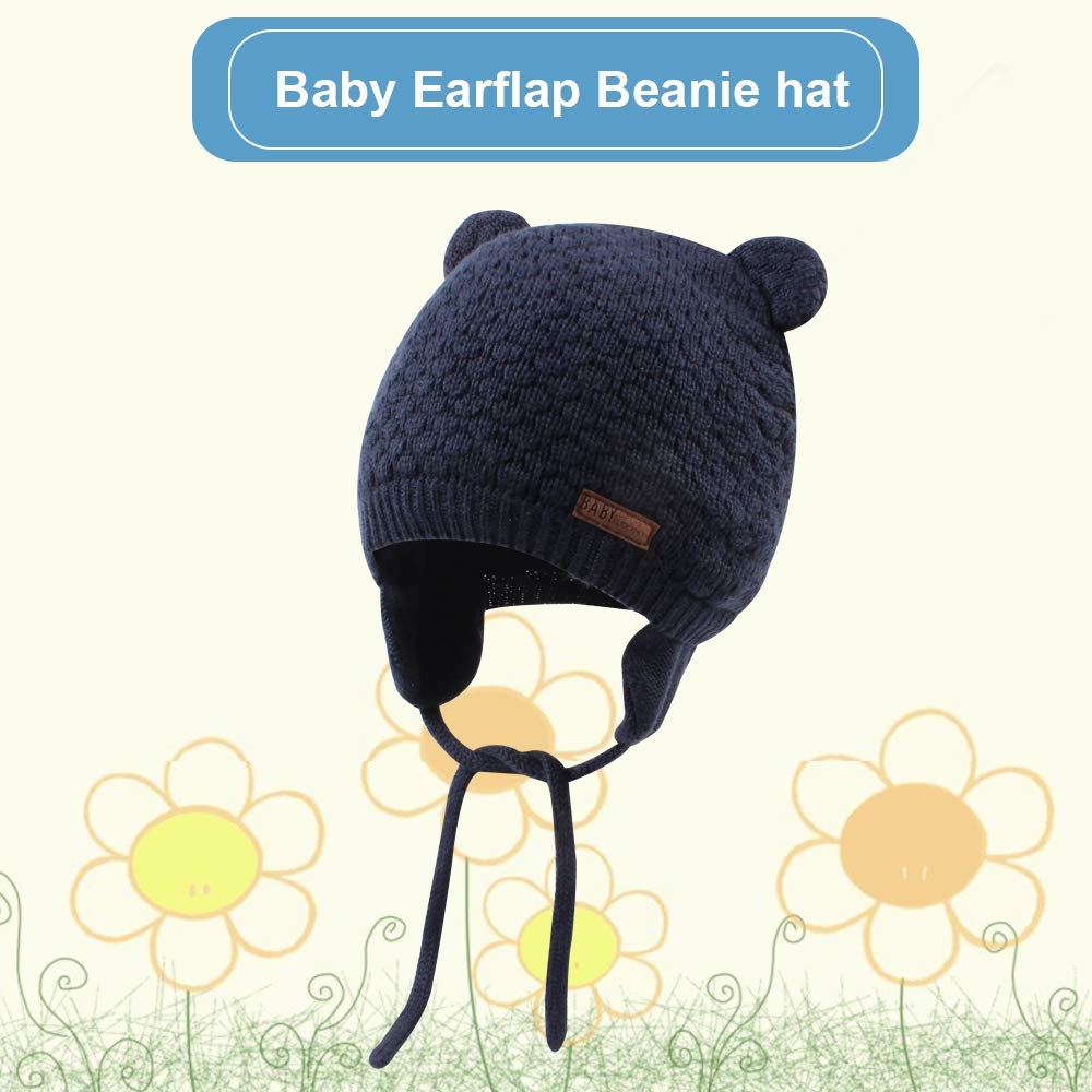 Bavst Baby Beanie Hat For Winter With Earfalp Cute Bear Kids Toddler Girls Boys Warm Knit Cap 0-2Years?Navy, L