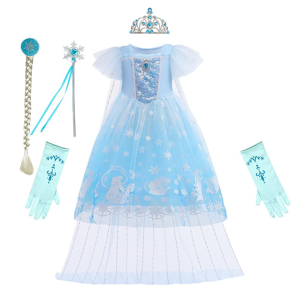 REXREII Girls Frozen Elsa Princess Sequins Dress Halloween Costume Christmas Birthday Evening Party Ball Gown w/Accessories Blue