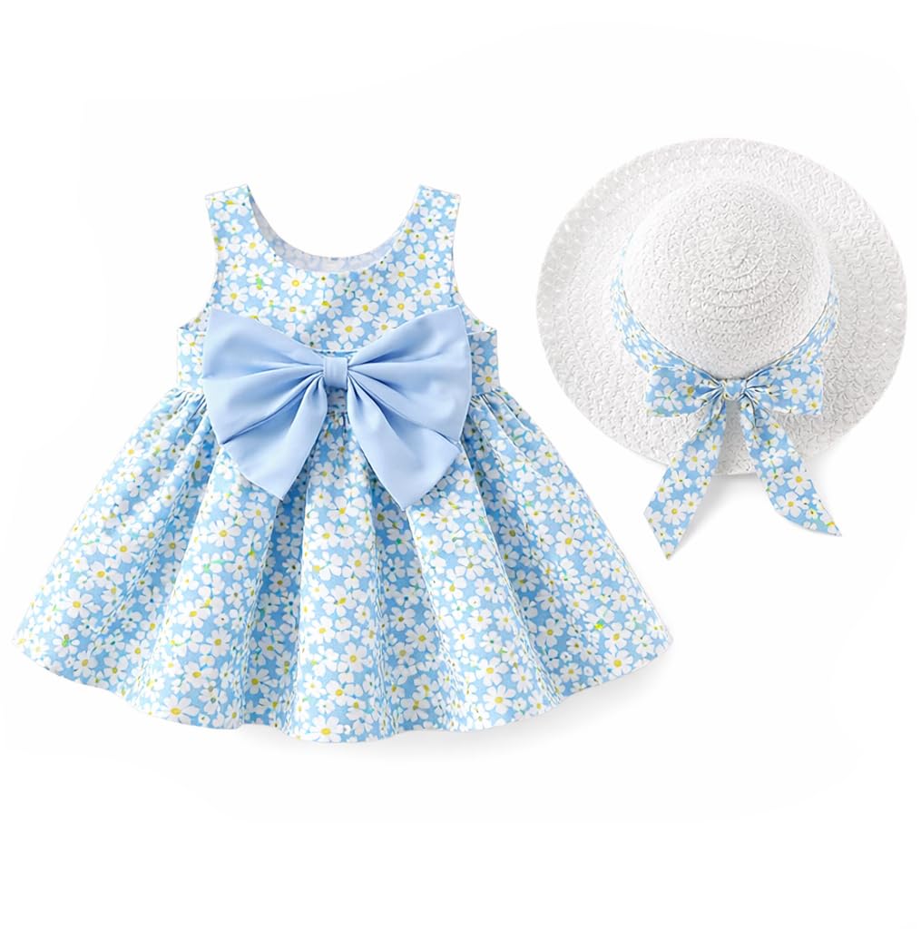 Bold N Elegant Girls Summer Sleeveless Cotton Floral Print Princess Dress Mini Frock With Hat For Infant Toddler Baby Girls (18