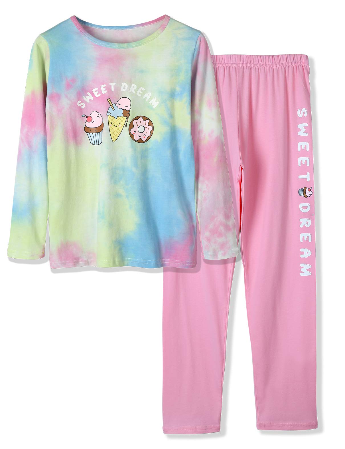 Beezizac Pajamas for Girls 100% Cotton Tie dye Unicorn Mermaid Sleepover PJ Set Size 4T18, Sweet Dream, 10