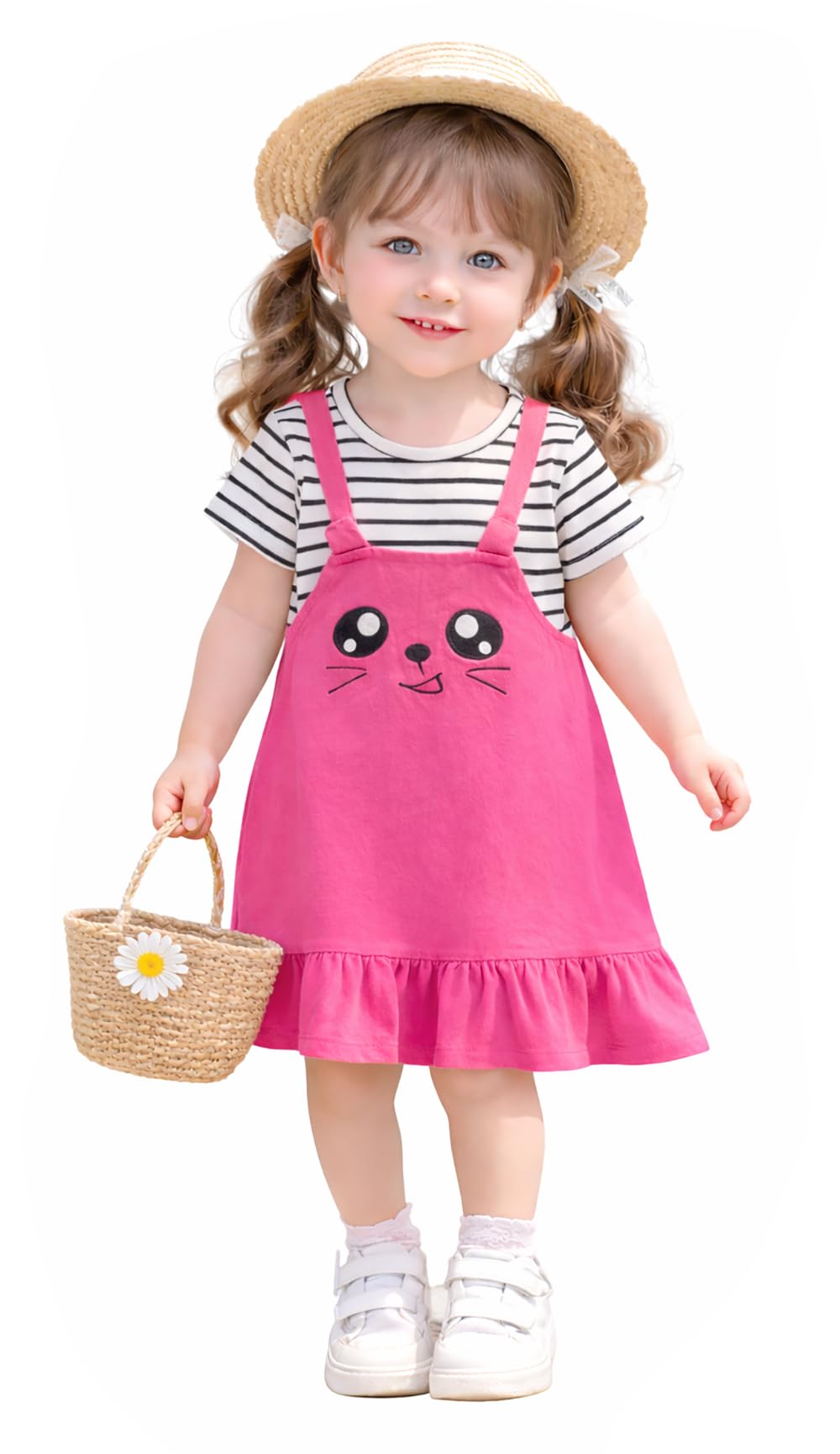Bold N Elegant Multicolor Stripe Cartoon Face Summer Tunic Pinafore Pinny Midi Dress Frock For Infant Toddler Baby Girls (In, Ag