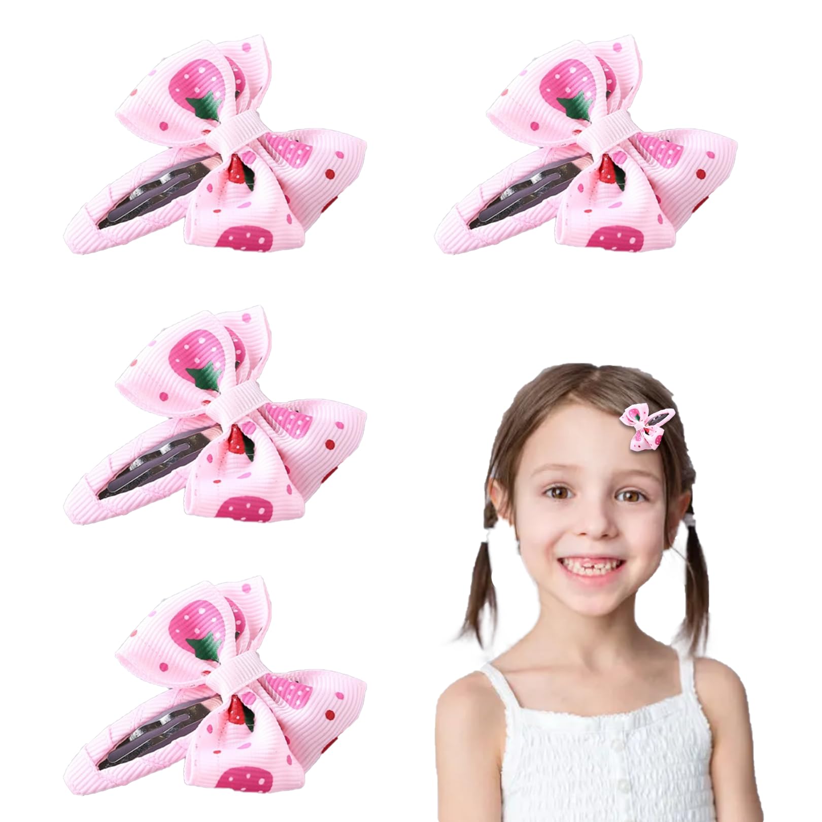 Strawberry Bow Hair Clips for Baby Girls - 4Pcs Pink Metal Snap Hair Clips with Strawberry Bow Hair Barrettes Toddlers Hair Pink