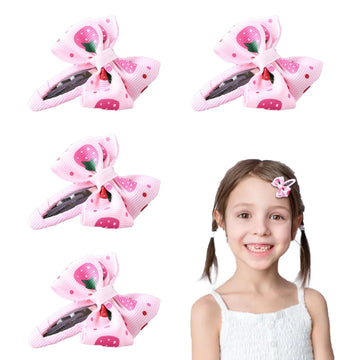Strawberry Bow Hair Clips for Baby Girls - 4Pcs Pink Metal Snap Hair Clips with Strawberry Bow Hair Barrettes Toddlers Hair Pink